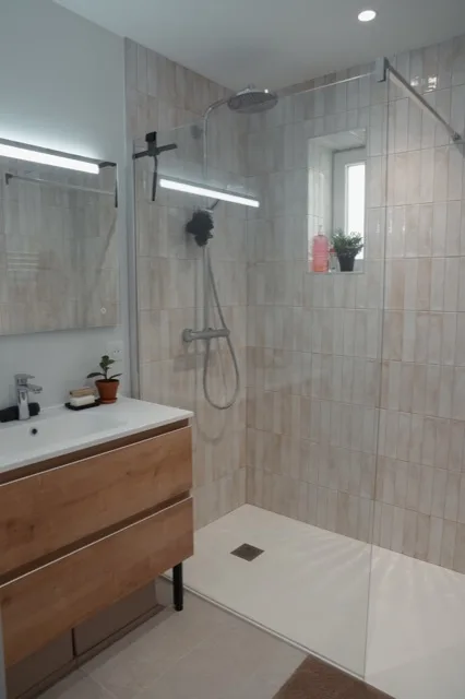 Salle de bain rénovée avec douche vitrée et meuble vasque en bois
